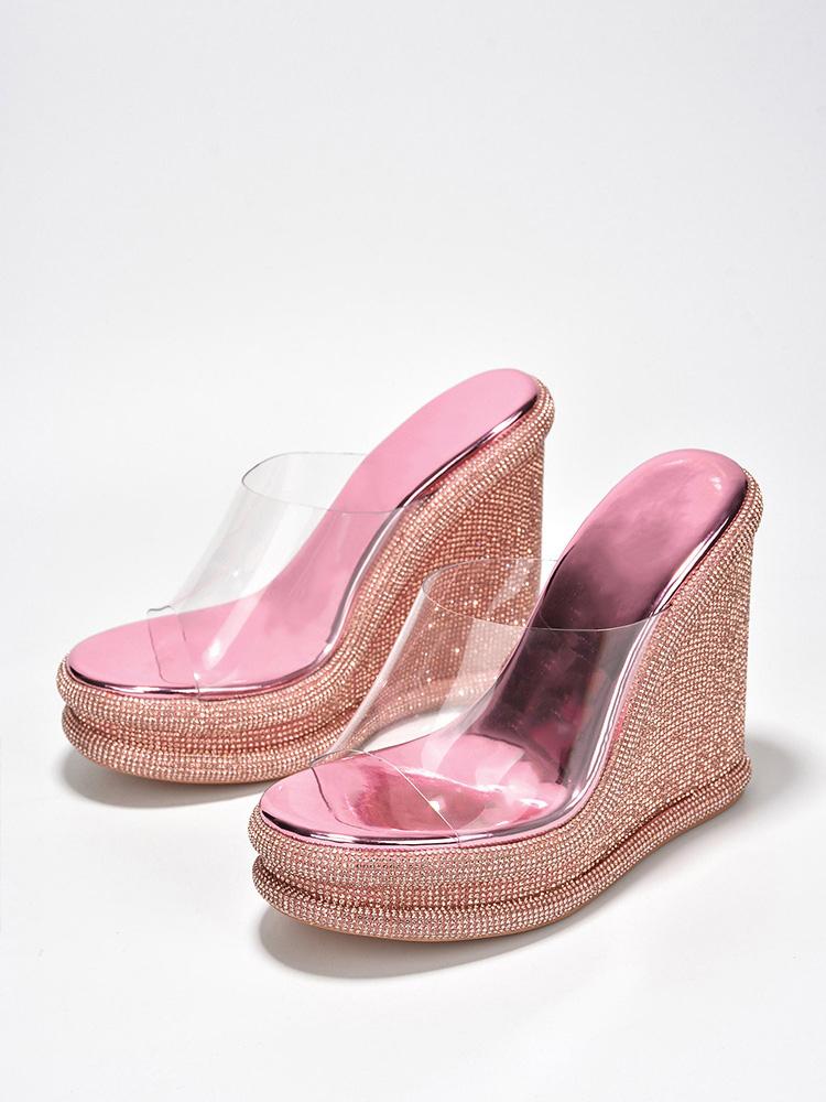 Sparkly Rhinestone Round Platform Wedge Heel Backless Slip-On Sandals With Clear Single Band