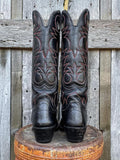 Black Vegan Leather Embroidery Round-toe Slip-on Wide Mid-Calf Cowgirl Boots With Chunky Heel