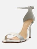 Ankle Strap Buckle Stiletto Heel Sandals For Wide Feet In Metallic Silver Gold