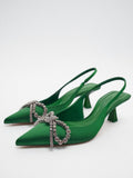 Green Rhinestone Embellished Bow Slingback Silk Flared-Heeled Pointed-Toe Pumps