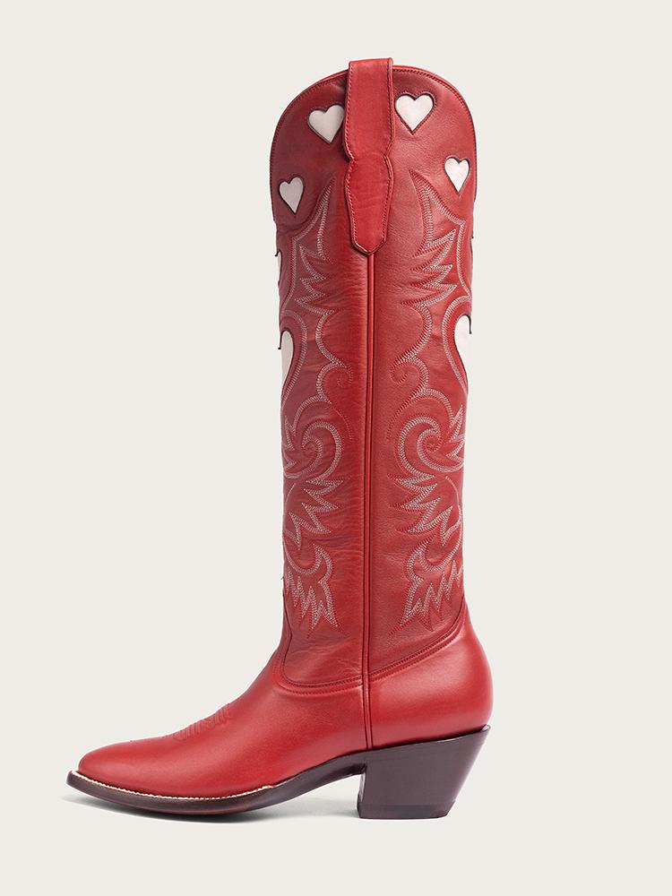 Red Embroidered Inlay Heart Wide Calf Knee High Boots Round Toe Heeled Cowgirl Boots