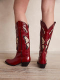 Butterfly Inlay Stitch Pointy Wide Mid Calf Cowgirl Boots - Red & Black