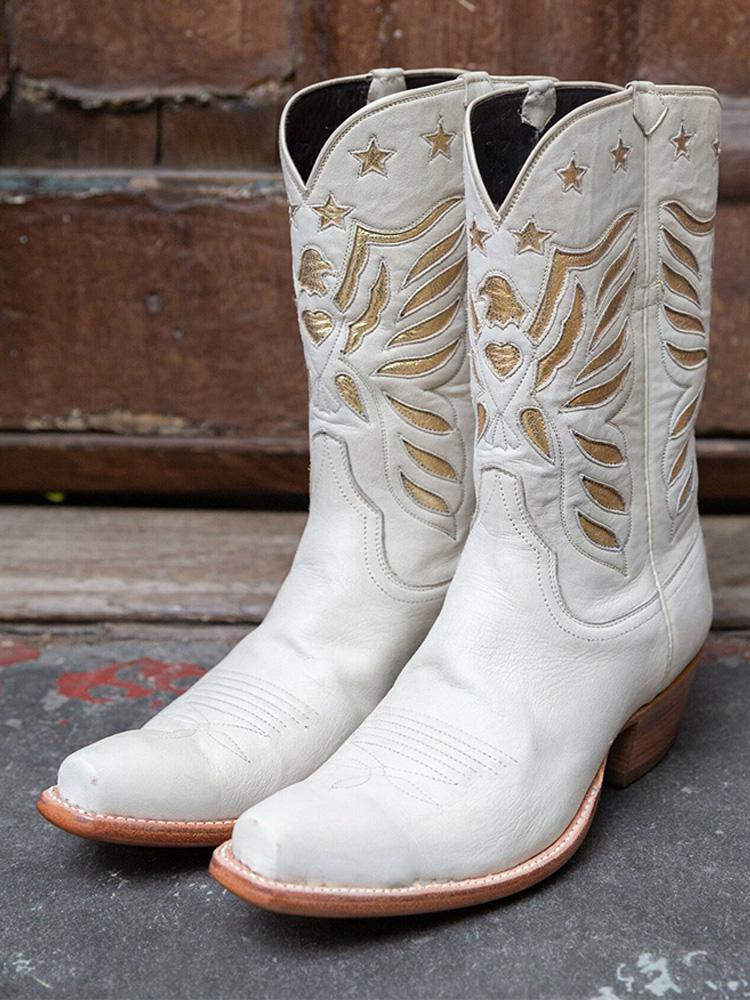 Gold Star Pattern Inlay Snip-toe Slip-on Women MId-Calf Western Boots