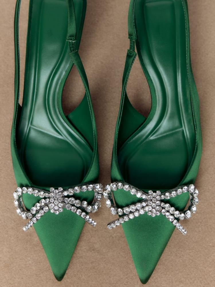 Green Rhinestone Embellished Bow Slingback Silk Flared-Heeled Pointed-Toe Pumps