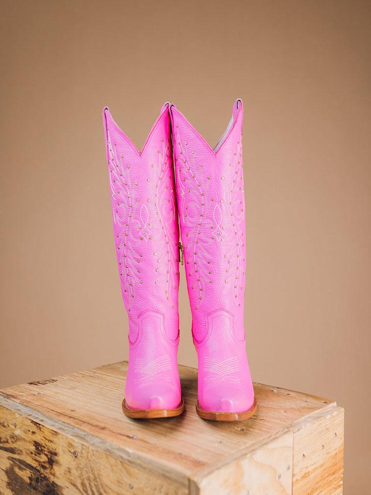 Pink Embroidered Stud Snip Zipper Mid Calf Cowgirl Boots