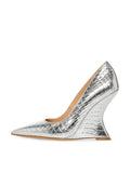 Metallic Crocodile Pointy Curved Wedge Slip-On Pumps