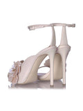 Pink Rhinestone Floral Applique Round Stiletto Heeled Dress Sandals With Buckle Ankle Strap