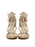 Metallic Gold Rhinestone Butterfly Applique Cage Round Stiletto Heeled Sandals With Back Zip