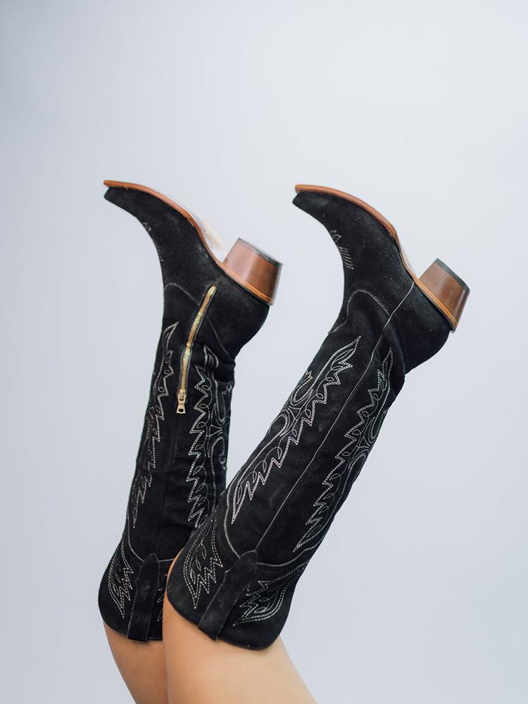 Black Faux Suede Eagle Embroidered Snip Zipper Mid Calf Cowgirl Boots