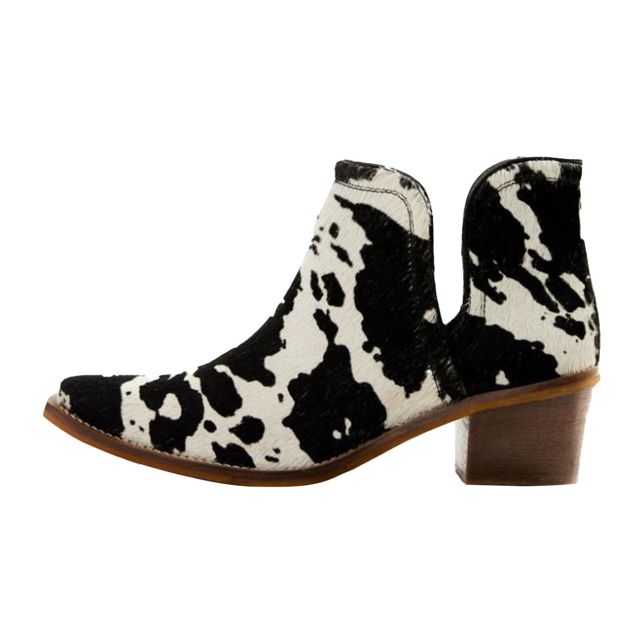 Cow Hair Snip Toe Mid Slanted Heel Western Chelsea Ankle Boots Pumps