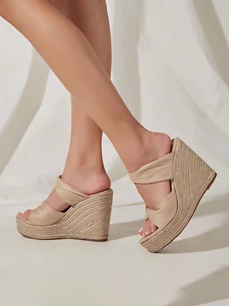 Cloth Two Bands Open-toe Slip-on Espadrille Wedge Sandals