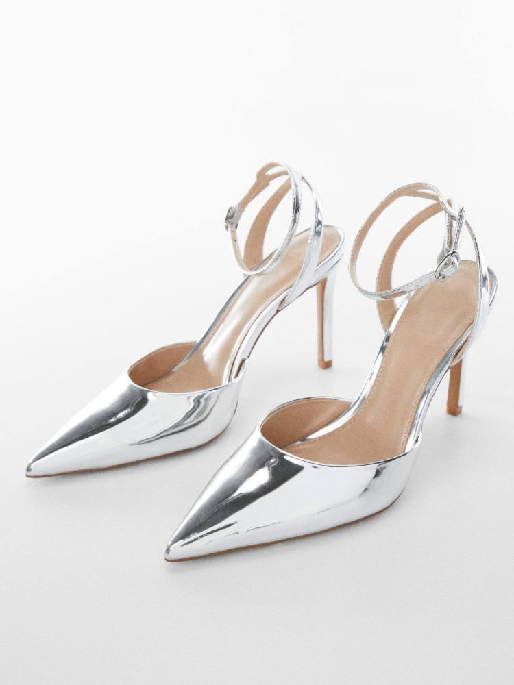 Metallic Pointy Stiletto Pumps With Buckled Ankle Wrap Strap