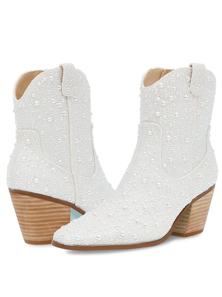 White Rhinestone Cowgirl Ankle Boots Block Heeled Western Booties