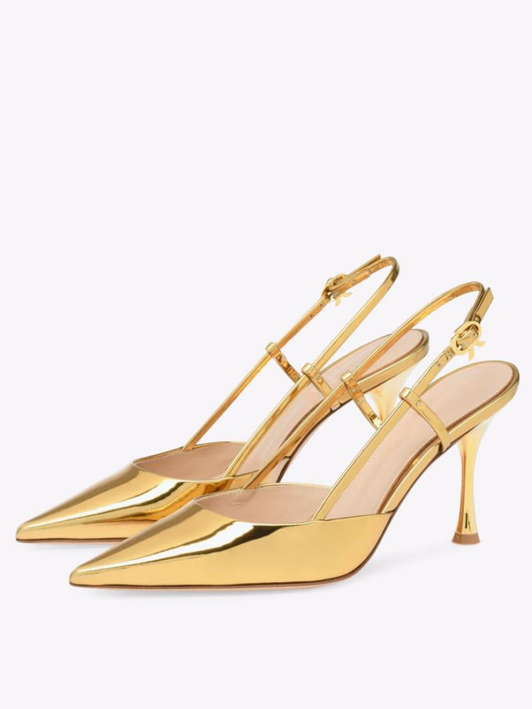 Gold Slingback Flared Heel Pumps Metal Ribbon Buckle Women Pumps