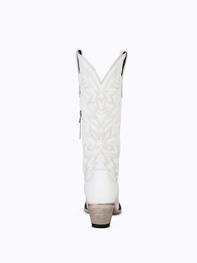 Pink Embroidered Snip Toe Zip Western Mid Calf Boots In White