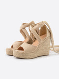 Cloth Single Band Open-toe Ankle Wrap Espadrille Wedge Sandals With Self-tie