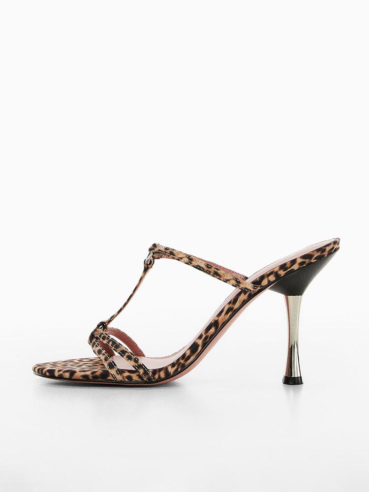 Leopard Print T-Strap Ring Backless Slip-On Round Flared Heeled Sandals