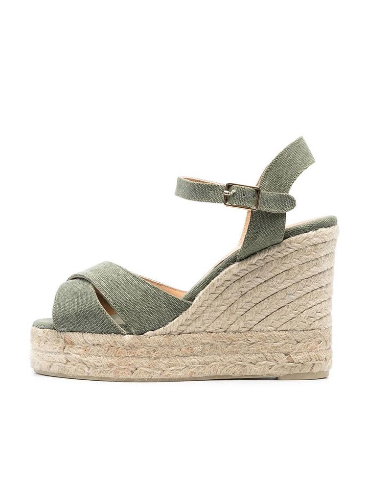 Oliva Green Cloth Cross Bands Open-toe Espadrille Wedge Sandals With Buckle Ankle Strap