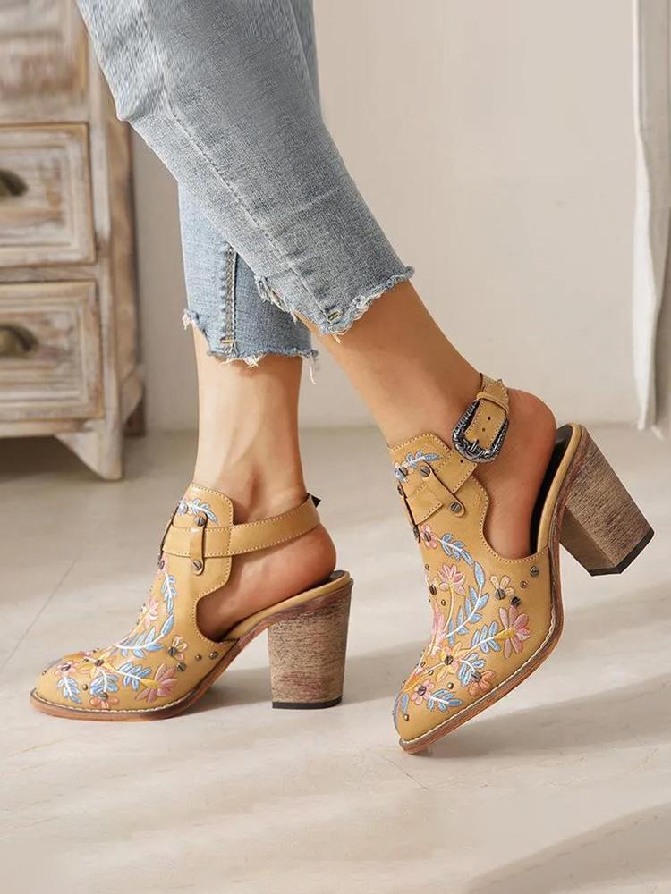 Metal Studs Fine Embroidery Round-toe Buckle Ankle Cowgirl Boots With Ankle Strap