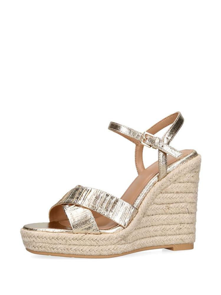 Metallic Gold Cross Bands Open-toe Espadrille Wedge Sandals With Buckle Ankle Strap