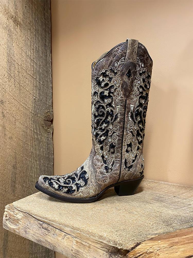 Rhinestones Cut-out Embroidery Snip-toe Wide Calf Cowgirl Boots