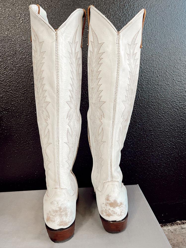 Embroidered Zip Snip Knee High Western Boots - Distressed White & Metallic Silver