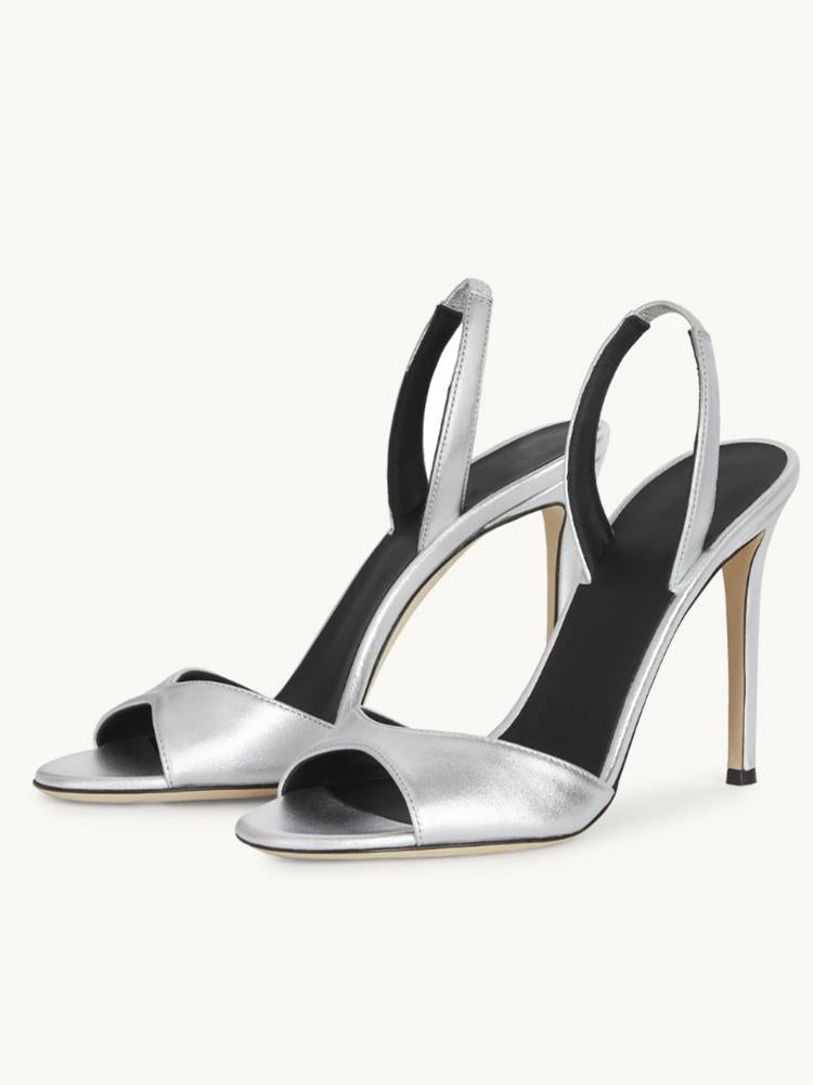 Metallic Silver Slingback Sandals With Round Toe Stiletto Heel