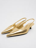 Metallic Gold Pointy Kitten Heel Slingback Pumps