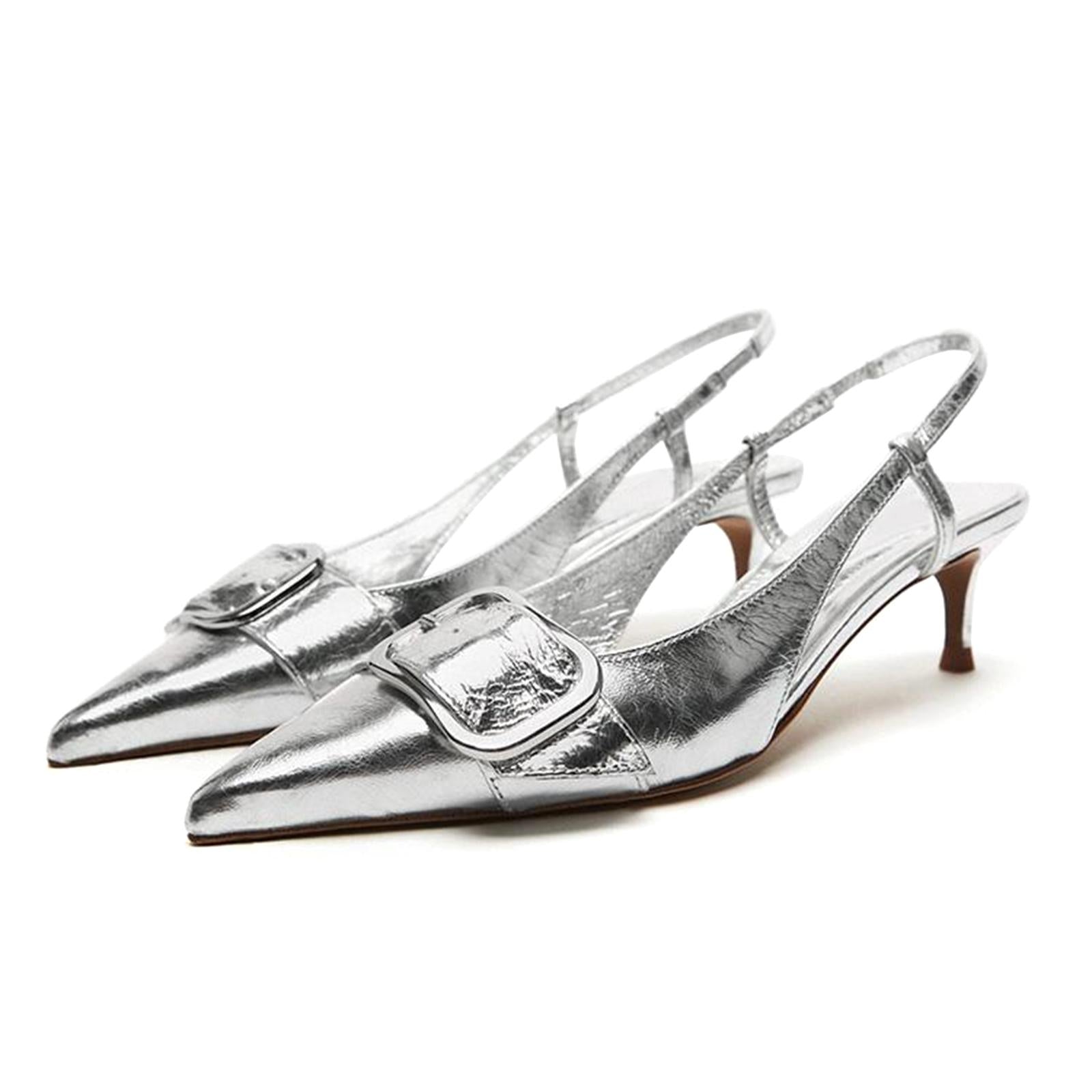 Metallic Silver Buckle Detail Slingback Pumps With Pointy Toe Kitten Heel