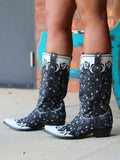 Star Snip Wide Calf Cowgirl Tall Boots With Contrast Black Bling Glitter White Applique