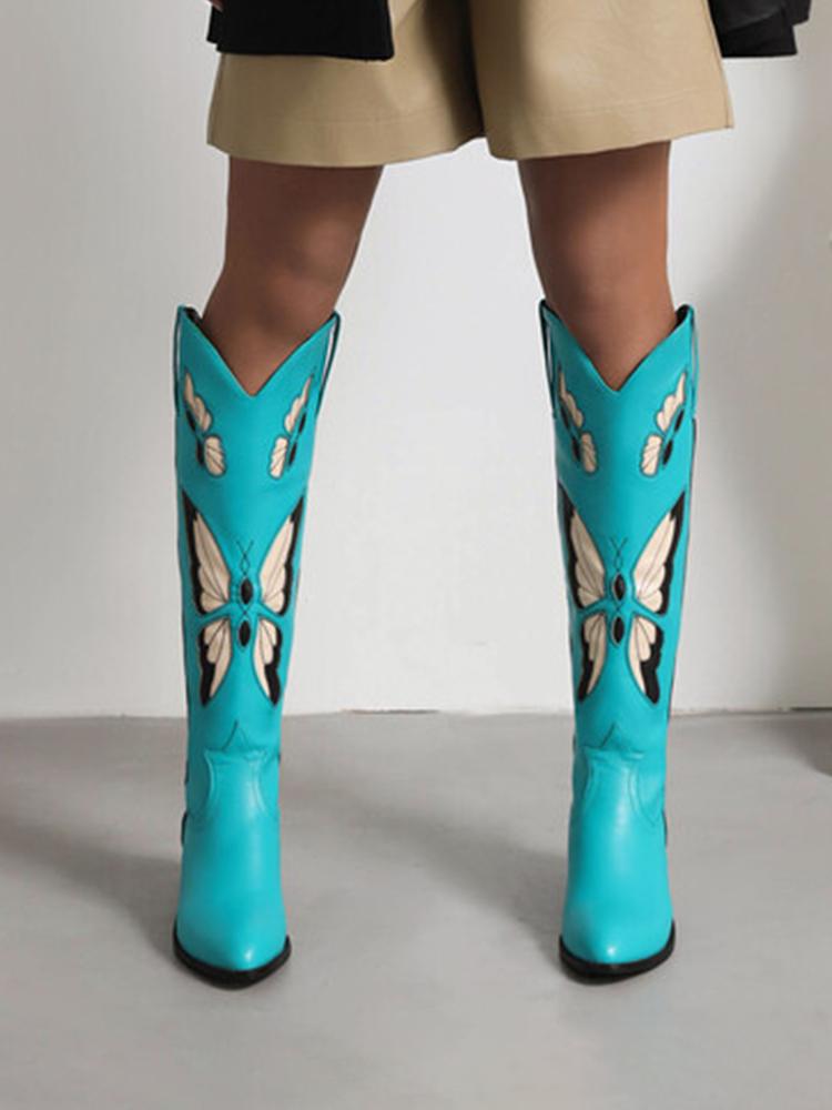 Butterfly Embroidery Pointed-toe Chunky Heels Wide Slip-on Knee High Cowgirl Boots