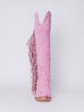 Pink Faux Suede Fringe Eagle Embroidered Knee High Western Boots With Snip Toe Zipper