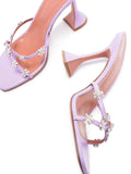 Crystal Embellished Flower Cross-Strap Slip-on Part-Stiletto Part-Flared Heel Square-Toe Sandals