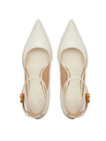 White Patent Pointy Platform Block Pumps With Buckled Ankle Strap