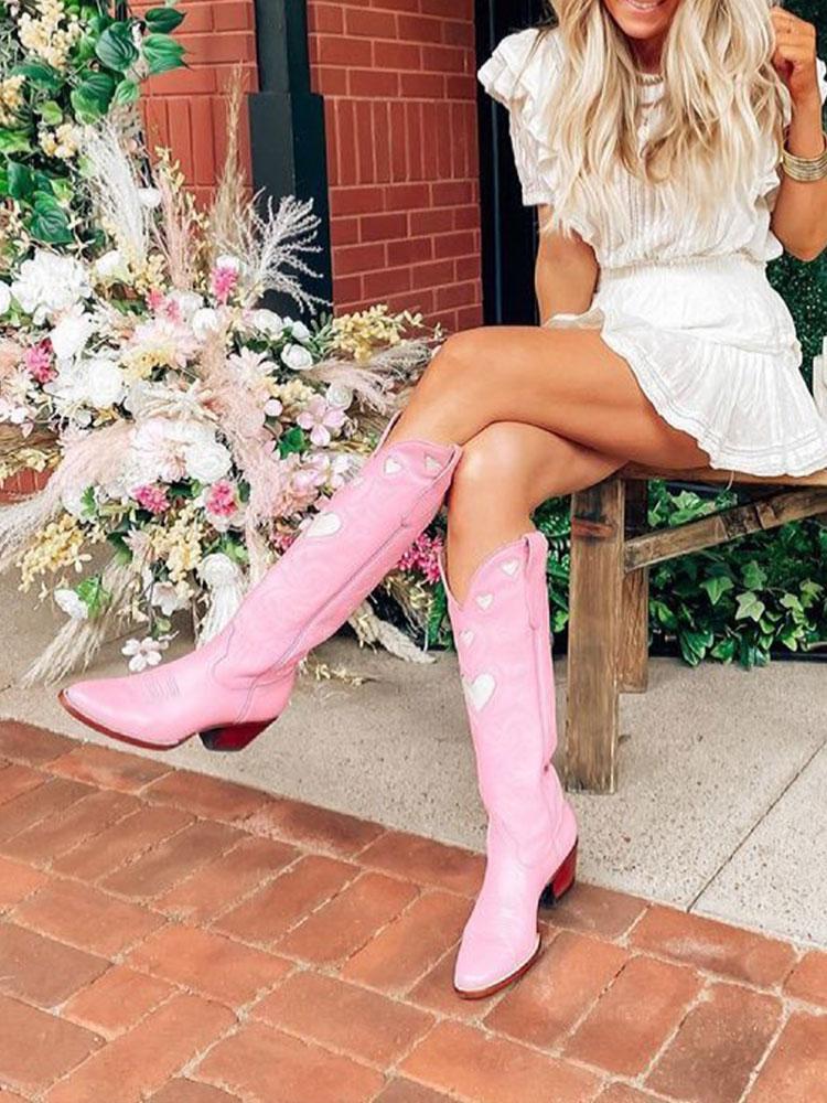 Pink Embroidered Inlay Heart Wide Calf Knee High Boots Round Toe Chunky Heeled Western Boots