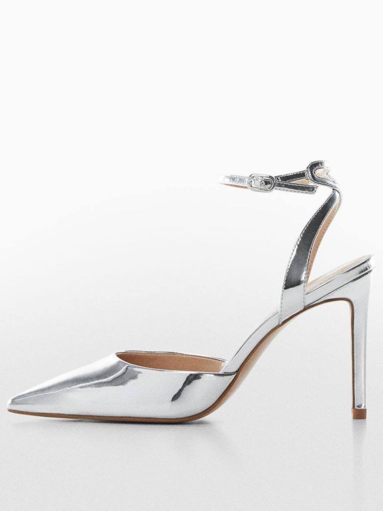 Metallic Pointy Stiletto Pumps With Buckled Ankle Wrap Strap