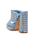 Square Rhinestones Frayed Open-toe Slip-on Denim Double Platform Sandals