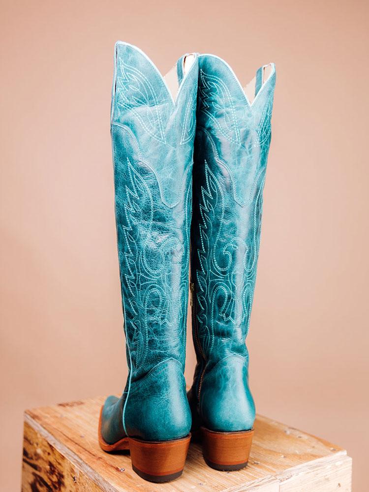 Eagle Wing Embroidered Snip Zip Western Knee High Boots - Turquoise, White & Black