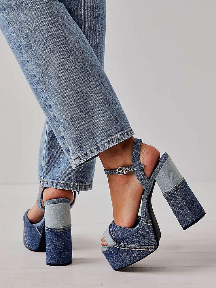 Blue Denim Patchwork Platform Chunky Heeled Sandals With Square Toe Buckle Ankle Strap