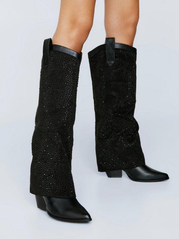 Black Rhinestone Fold-Over Cowgirl Knee-High Boots Wide Calf Block High Heel Western Boots