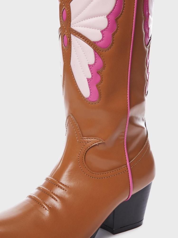 Contrast Butterfly Wing Inlay Stitch Pointed Toe Wide Mid Calf Cowgirl Tall Boots