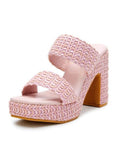 Pink Two Wide Band Backless Slip-On Square Platform Heeled Espadrille Sandals