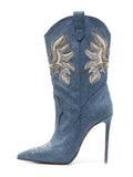 Blue Denim Embroidered with Rhinestones Pointed-toe Stiletto Heel Wide Mid-Calf Boots For Women