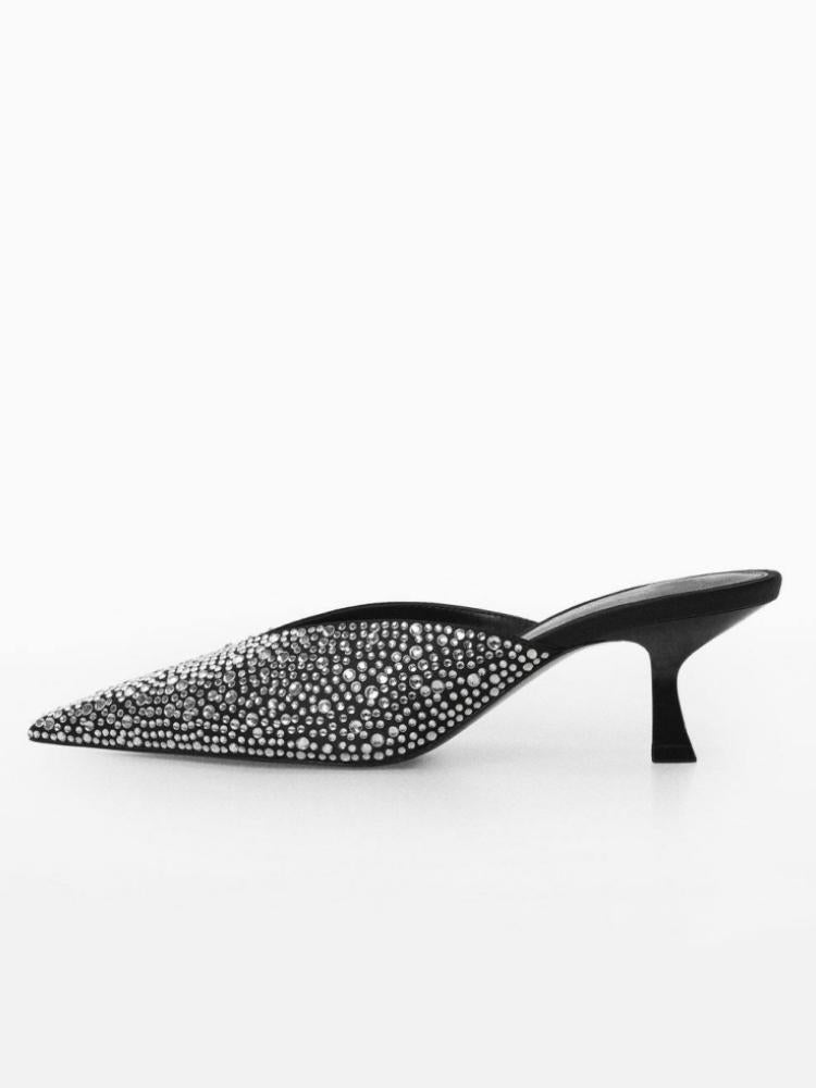 Black Rhinestone Pumps Backless Slip-On Pointy Kitten Heel Mules