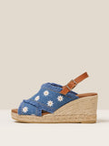 Frayed Denim Blue Daisy Embroidered Round Raffia Wdege Espadrilles Sandals Buckle Slingbacks