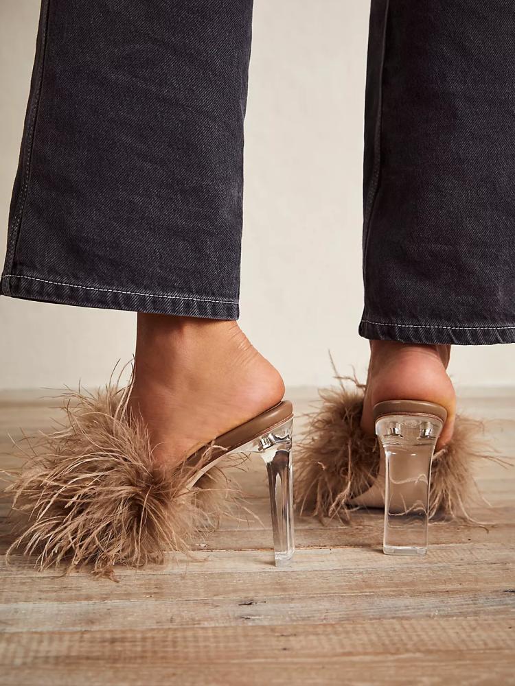 Fluffy Feather Round Toe Backless Slip-On Clear Heeled Sandals In Tan Blue Orange