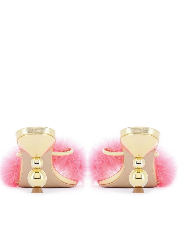 Pink Fluffy Kitten Heeled Sandals Slippers For Wide Feet