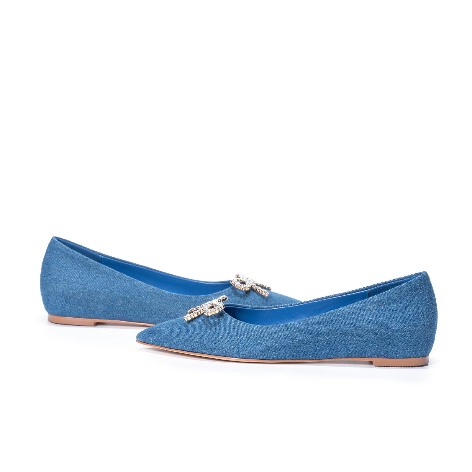 Blue Denim Rhinestone Bow Pointed Ballet Flats For Women