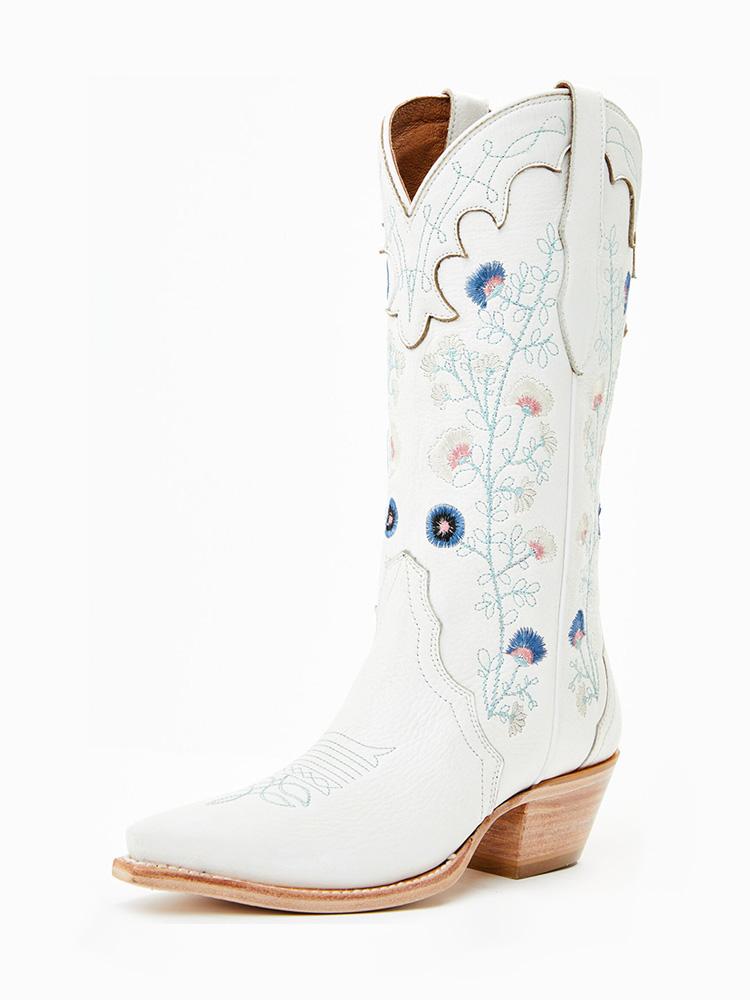 Floral Embroidered Pointed-toe Slip-on Mid-Calf Cowgirl Boots With Chunky Heel