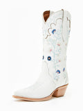 Floral Embroidered Pointed-toe Slip-on Mid-Calf Cowgirl Boots With Chunky Heel